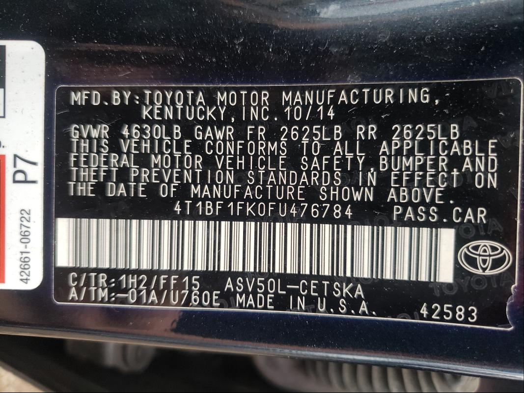 Photo 9 VIN: 4T1BF1FK0FU476784 - TOYOTA CAMRY LE 