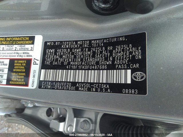 Photo 8 VIN: 4T1BF1FK0FU487686 - TOYOTA CAMRY 