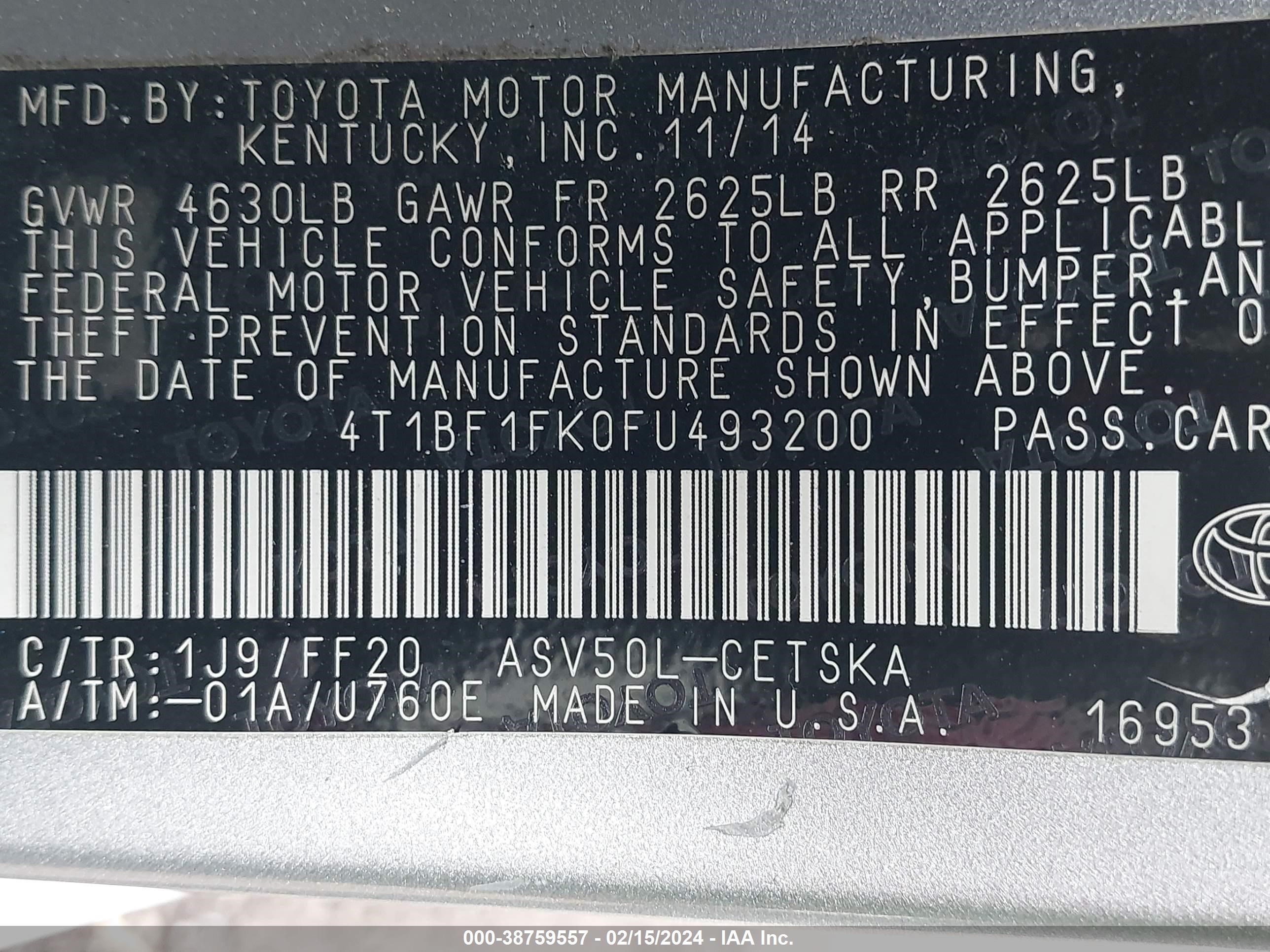 Photo 8 VIN: 4T1BF1FK0FU493200 - TOYOTA CAMRY 