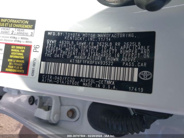 Photo 8 VIN: 4T1BF1FK0FU493522 - TOYOTA CAMRY 