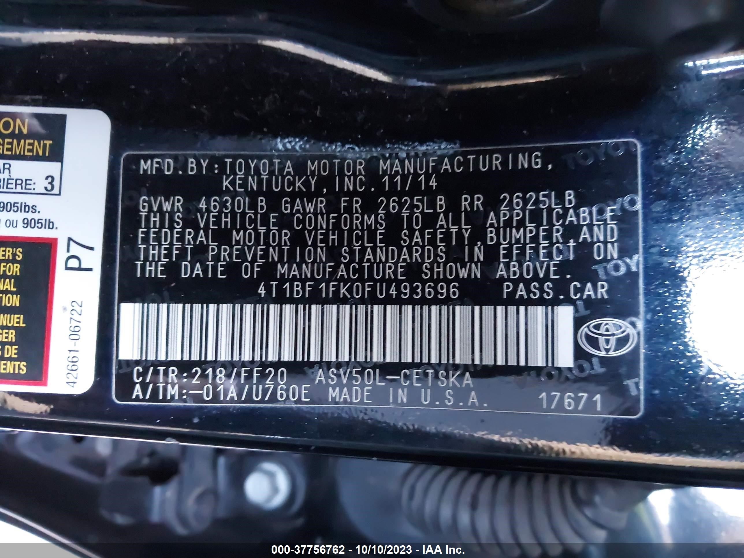 Photo 8 VIN: 4T1BF1FK0FU493696 - TOYOTA CAMRY 