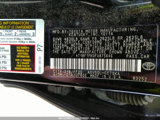 Photo 8 VIN: 4T1BF1FK0FU875646 - TOYOTA CAMRY 