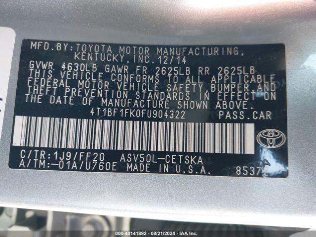 Photo 8 VIN: 4T1BF1FK0FU904322 - TOYOTA CAMRY 