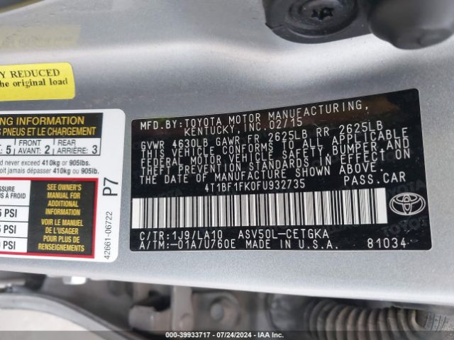 Photo 8 VIN: 4T1BF1FK0FU932735 - TOYOTA CAMRY 