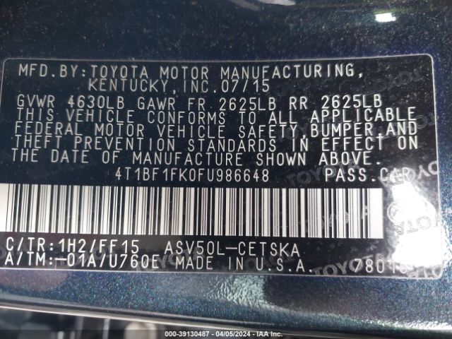 Photo 8 VIN: 4T1BF1FK0FU986648 - TOYOTA CAMRY 