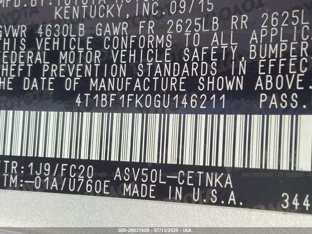 Photo 8 VIN: 4T1BF1FK0GU146211 - TOYOTA CAMRY 