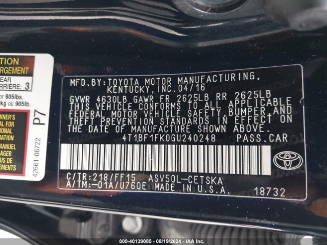 Photo 8 VIN: 4T1BF1FK0GU240248 - TOYOTA CAMRY 