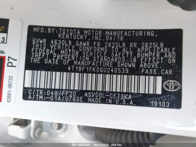 Photo 8 VIN: 4T1BF1FK0GU240539 - TOYOTA CAMRY 