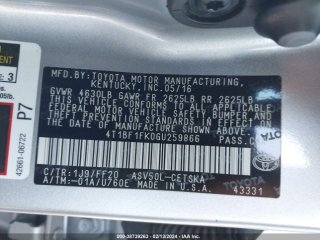 Photo 8 VIN: 4T1BF1FK0GU259866 - TOYOTA CAMRY 