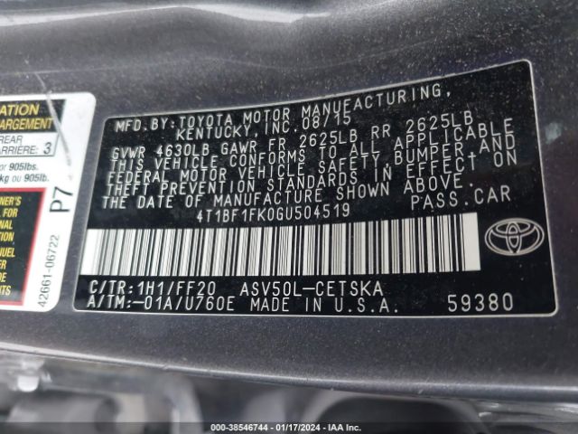 Photo 8 VIN: 4T1BF1FK0GU504519 - TOYOTA CAMRY 