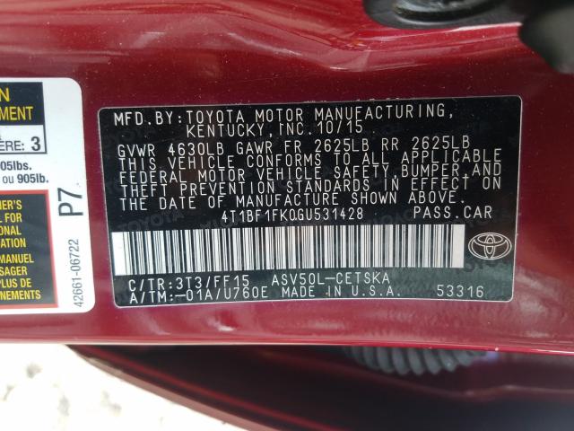 Photo 9 VIN: 4T1BF1FK0GU531428 - TOYOTA CAMRY 