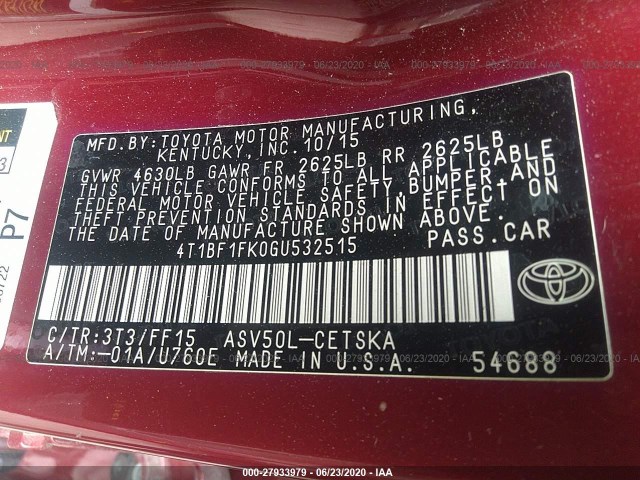 Photo 8 VIN: 4T1BF1FK0GU532515 - TOYOTA CAMRY 