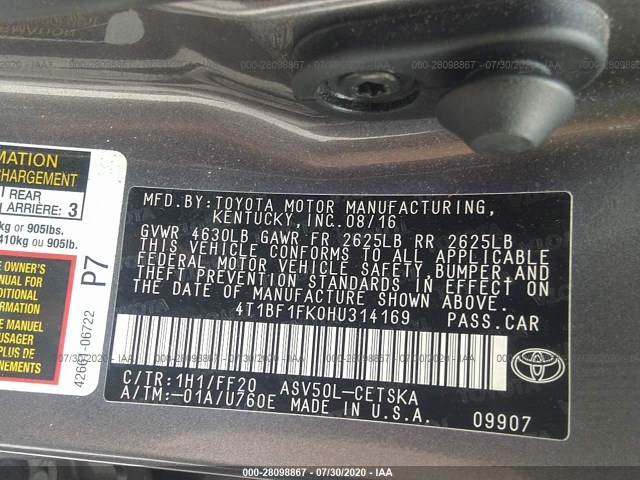 Photo 8 VIN: 4T1BF1FK0HU314169 - TOYOTA CAMRY 