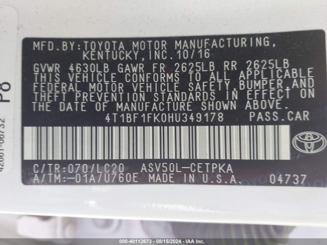 Photo 8 VIN: 4T1BF1FK0HU349178 - TOYOTA CAMRY 