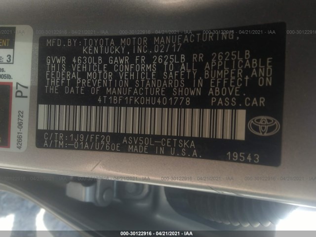 Photo 8 VIN: 4T1BF1FK0HU401778 - TOYOTA CAMRY 