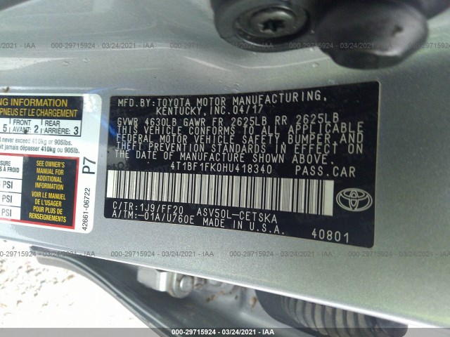 Photo 8 VIN: 4T1BF1FK0HU418340 - TOYOTA CAMRY 