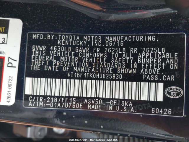 Photo 8 VIN: 4T1BF1FK0HU625830 - TOYOTA CAMRY 