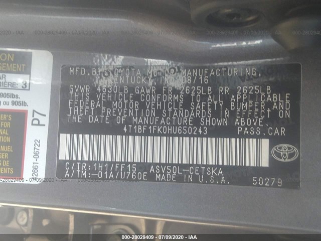 Photo 8 VIN: 4T1BF1FK0HU650243 - TOYOTA CAMRY 