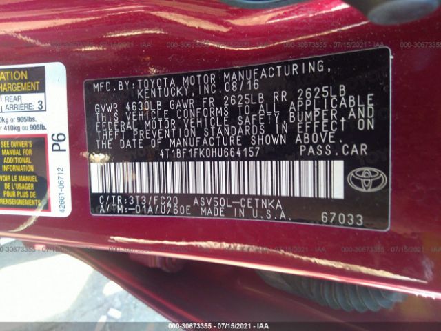 Photo 8 VIN: 4T1BF1FK0HU664157 - TOYOTA CAMRY 