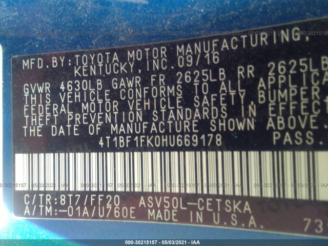 Photo 8 VIN: 4T1BF1FK0HU669178 - TOYOTA CAMRY 