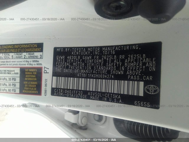 Photo 8 VIN: 4T1BF1FK0HU694274 - TOYOTA CAMRY 