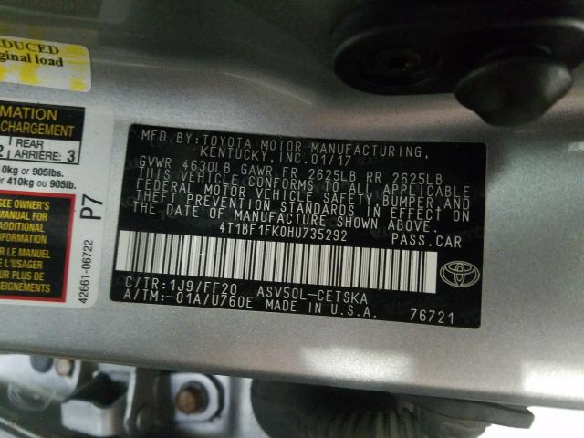 Photo 9 VIN: 4T1BF1FK0HU735292 - TOYOTA CAMRY LE 