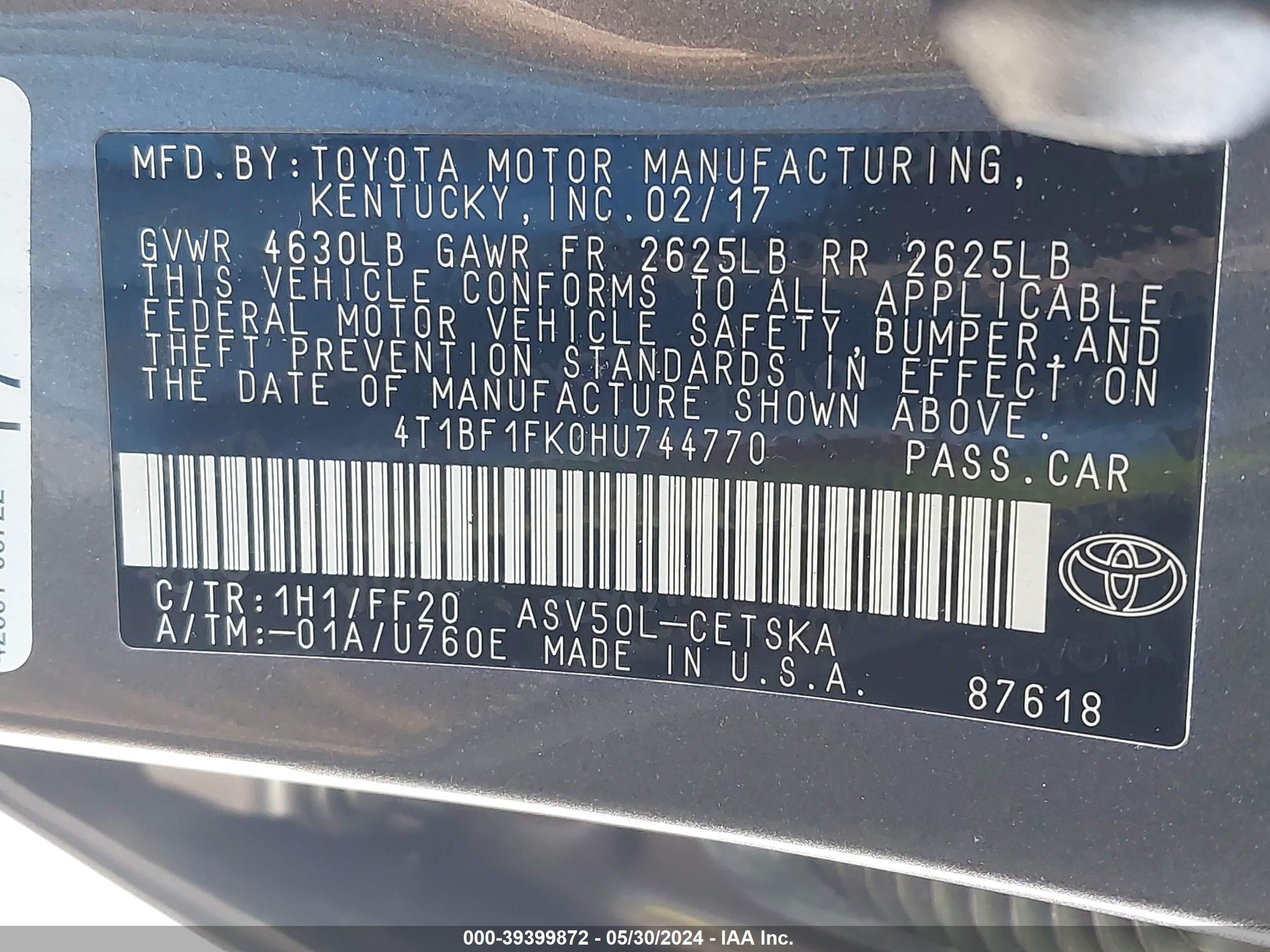 Photo 8 VIN: 4T1BF1FK0HU744770 - TOYOTA CAMRY 