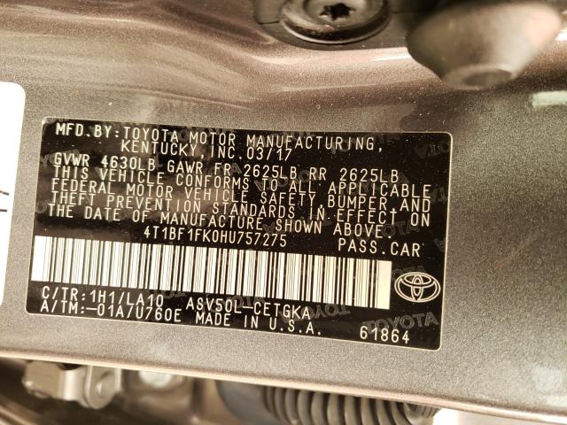 Photo 9 VIN: 4T1BF1FK0HU757275 - TOYOTA CAMRY LE 