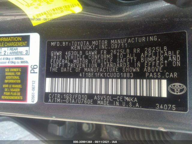 Photo 8 VIN: 4T1BF1FK1CU001883 - TOYOTA CAMRY 