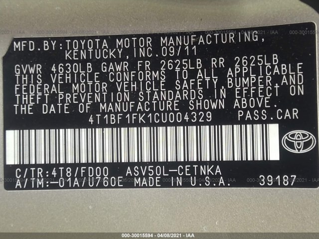 Photo 8 VIN: 4T1BF1FK1CU004329 - TOYOTA CAMRY 