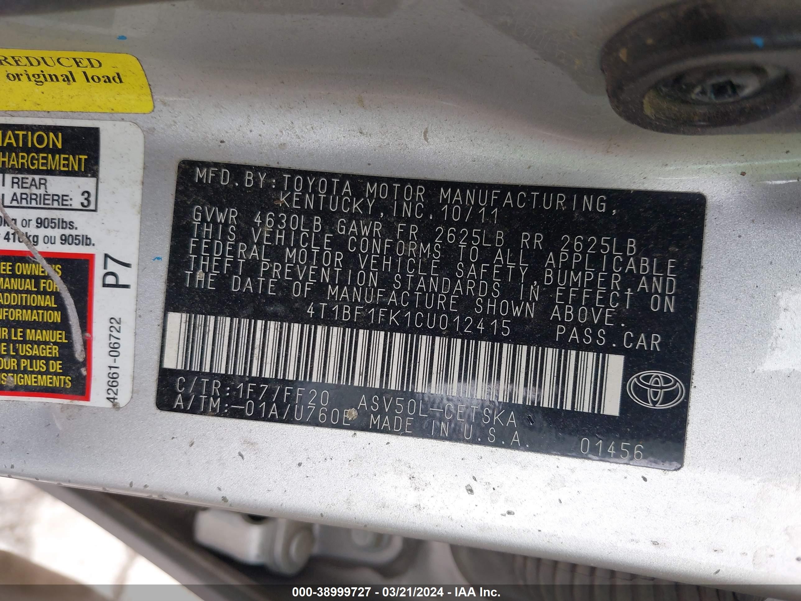 Photo 8 VIN: 4T1BF1FK1CU012415 - TOYOTA CAMRY 