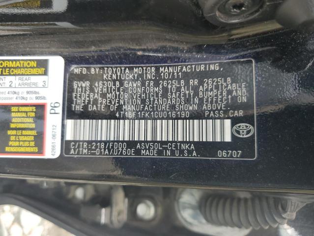 Photo 11 VIN: 4T1BF1FK1CU016190 - TOYOTA CAMRY BASE 