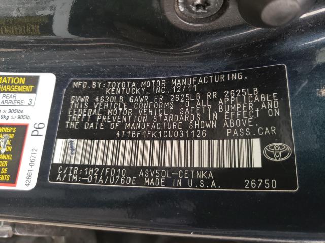 Photo 9 VIN: 4T1BF1FK1CU031126 - TOYOTA CAMRY BASE 