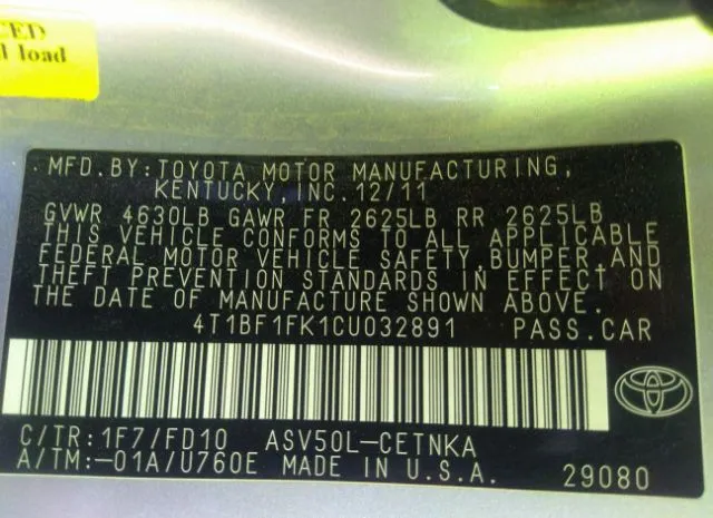 Photo 8 VIN: 4T1BF1FK1CU032891 - TOYOTA CAMRY 