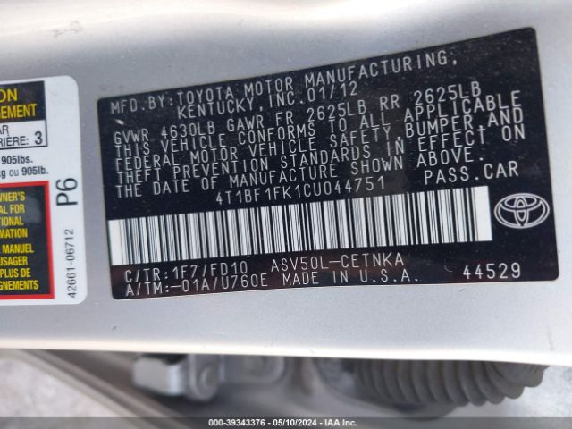 Photo 8 VIN: 4T1BF1FK1CU044751 - TOYOTA CAMRY 