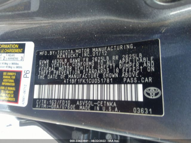 Photo 8 VIN: 4T1BF1FK1CU051781 - TOYOTA CAMRY 