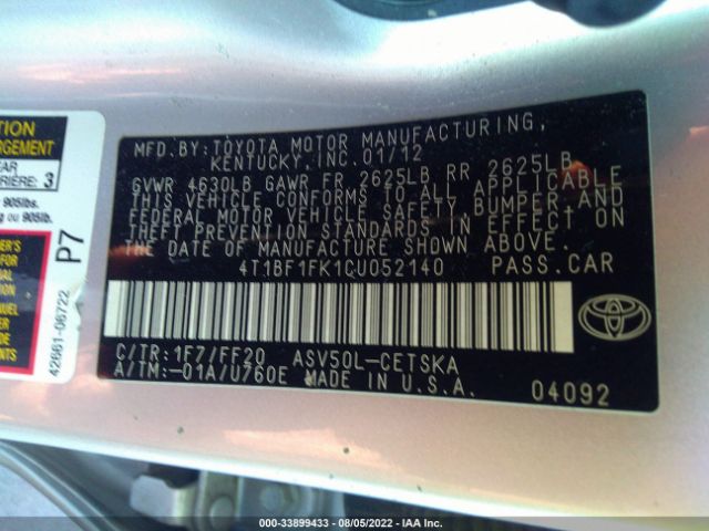 Photo 8 VIN: 4T1BF1FK1CU052140 - TOYOTA CAMRY 