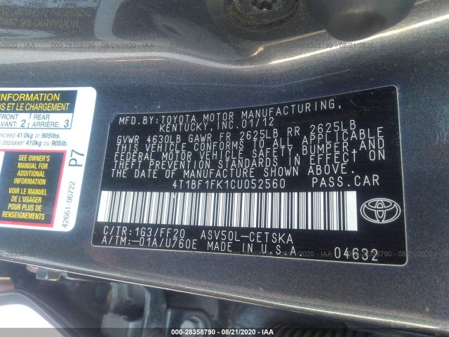 Photo 8 VIN: 4T1BF1FK1CU052560 - TOYOTA CAMRY 