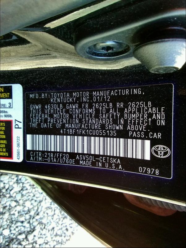 Photo 9 VIN: 4T1BF1FK1CU055135 - TOYOTA CAMRY BASE 