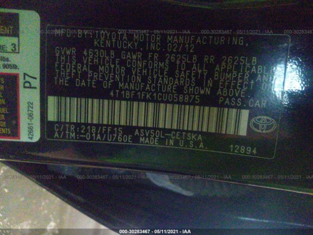 Photo 8 VIN: 4T1BF1FK1CU058875 - TOYOTA CAMRY 