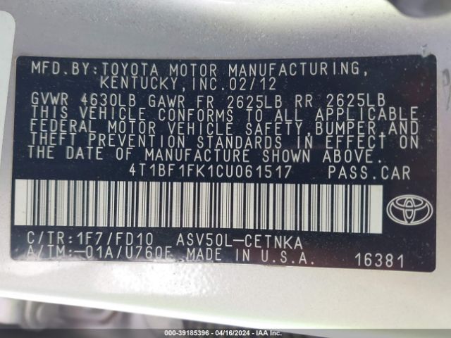 Photo 8 VIN: 4T1BF1FK1CU061517 - TOYOTA CAMRY 