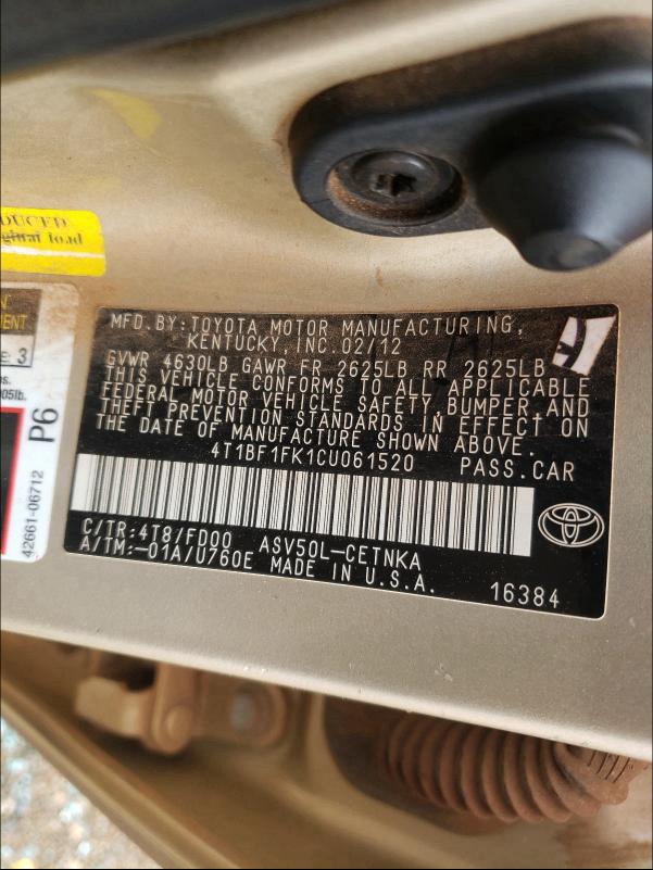 Photo 9 VIN: 4T1BF1FK1CU061520 - TOYOTA CAMRY BASE 