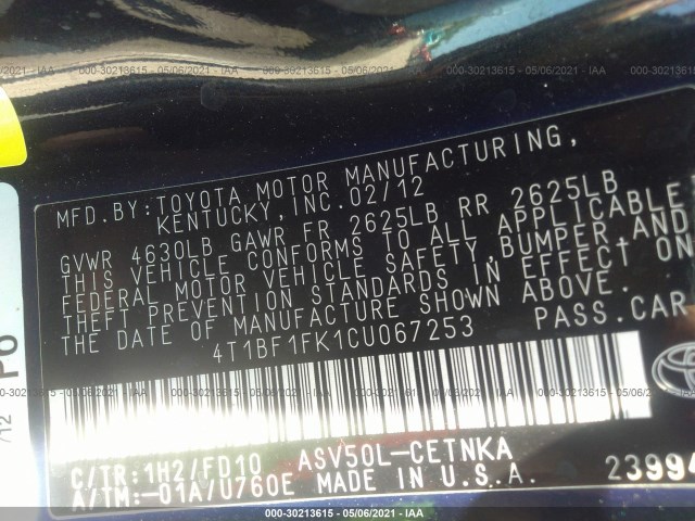 Photo 8 VIN: 4T1BF1FK1CU067253 - TOYOTA CAMRY 