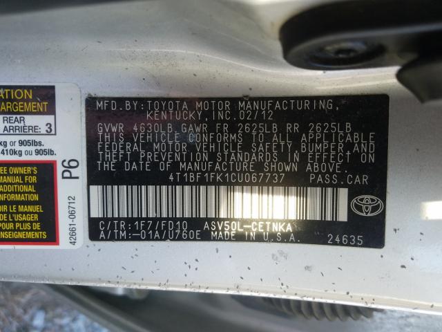 Photo 9 VIN: 4T1BF1FK1CU067737 - TOYOTA CAMRY BASE 