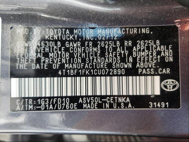 Photo 9 VIN: 4T1BF1FK1CU072890 - TOYOTA CAMRY BASE 