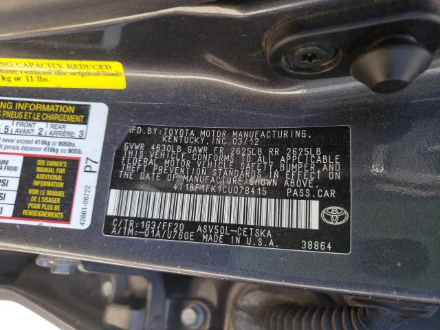 Photo 9 VIN: 4T1BF1FK1CU078415 - TOYOTA CAMRY BASE 