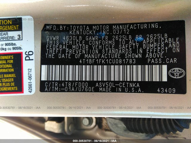 Photo 8 VIN: 4T1BF1FK1CU081783 - TOYOTA CAMRY 