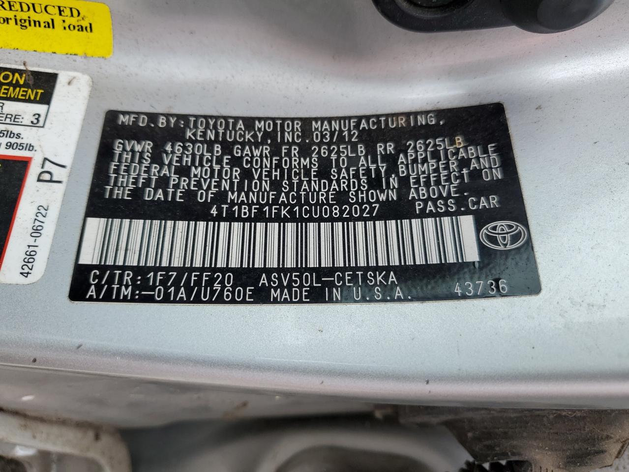 Photo 11 VIN: 4T1BF1FK1CU082027 - TOYOTA CAMRY 