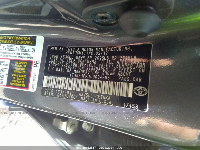 Photo 8 VIN: 4T1BF1FK1CU084795 - TOYOTA CAMRY 