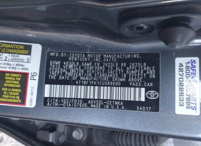 Photo 8 VIN: 4T1BF1FK1CU089690 - TOYOTA CAMRY 